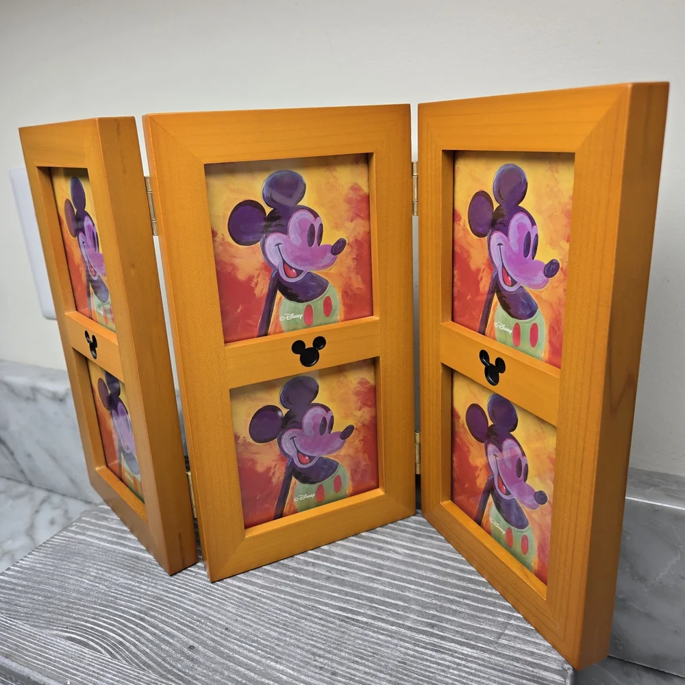 Disney Parks Mickey Mouse Ears Hinged 6 Picture Wood Trifold Photo Frame 8.75x14